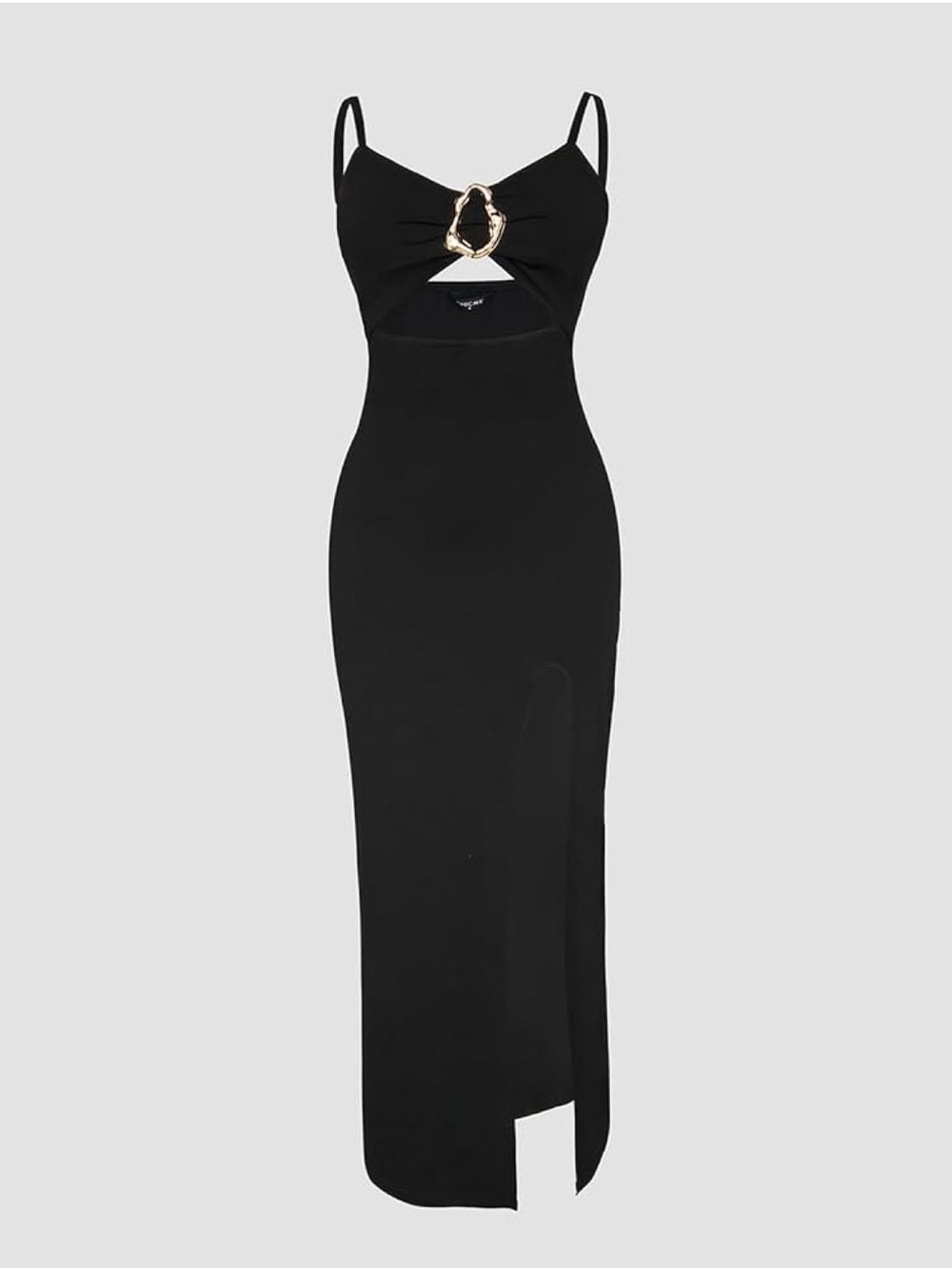Black Cutout Maxi Dress Gold Ring Hardware High Slit Bodycon Size Small